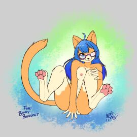 2024 4_toes abstract_background anthro blue_eyes blue_hair blush breast_squish breasts covering covering_self digitigrade domestic_cat english_text eyewear eyewear_only feet felid feline felis female front_view fur glasses glasses_only gradient_background hair hand_on_knee hand_on_leg hi_res leg_markings looking_at_viewer mammal markings multicolored_body multicolored_fur nekostar nipples nude one_eye_closed orange_body orange_fur pawpads pink_nipples signature simple_background sitting socks_(marking) solo squish text toes two-tone_body two-tone_fur wearing_glasses white_body white_fur wink