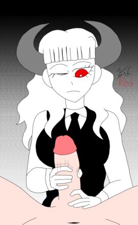 1boy 1girls female fully_clothed_female handjob horns light-skinned_male light_skin long_hair male nude nude_male oc one_eye_closed red_eyes white-skinned_female white_hair white_skin
