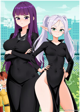 1boy 2girls absurdres arms_under_breasts bangs black_dress blue_sky blunt_bangs breasts cloud commission cosplay covered_navel crossed_arms day dress elf elpipe3000 elpipe_3000 female fern_(sousou_no_frieren) frieren fubuki_(one-punch_man)_(cosplay) green_eyes hands_on_own_hips highres jewelry large_breasts male multiple_females multiple_girls necklace one-punch_man outdoors pelvic_curtain pixiv_commission pointy_ears purple_eyes purple_hair red_hair saitama_(cosplay) sky small_breasts sousou_no_frieren stark_(sousou_no_frieren) tatsumaki_(cosplay) thighs tight tight_dress twintails white_hair