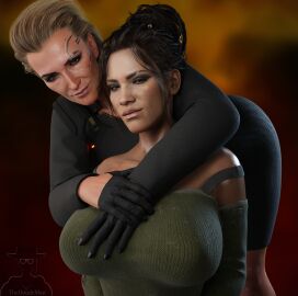 2girls 3d age_difference bangs big_breasts black_hair blender blender_(software) bolt_on_tits breast_implants breasts business_woman cd_projekt_red cleavage curvy cyberpunk cyberpunk_2077 dark-skinned_female dark_hair dark_skin enhanced_breasts fake_breasts female female_only large_breasts light-skinned_female light_skin looking_at_viewer meredith_stout milf native_american panam_palmer photoshoot pose posing silicone silicone_implants sitting slicked_back_hair solo suit sweater theduudeman yuri