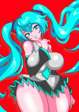 big_breasts blue_eyes blue_hair breast_squeeze breasts clothed female hatsune_miku huge_thighs looking_at_viewer pov solo suggestive_look thick_thighs twintails vocaloid