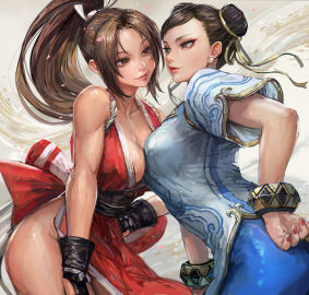 2girls asian asian_female bare_shoulders bracelet breasts brown_eyes brown_hair capcom china_dress chinese_clothes chun-li cleavage commentary_request double_bun dress earrings fatal_fury female female_only fingernails gold_trim hair_bun hand_on_own_hip highres japanese_clothes jewelry king_of_fighters lips long_hair looking_at_another mai_shiranui medium_breasts michemashu multiple_females multiple_girls nail_polish ninja pants parted_bangs pelvic_curtain ponytail revealing_clothes rope short_sleeves simple_background sleeveless smile snk street_fighter street_fighter_6 thighs