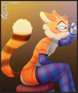 1boy anthro ass beige_fur biting_lip chest_tuft claws concentration ears_back eyelashes eyeliner feline femboy feminine_male freckle_mcmurray furry gay girly lackadaisy makeup male male_only orange_fur putting_on_makeup siriusandpyri sitting sleeves tail thighhighs