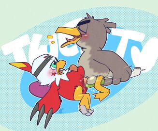 accessory anal animal_genitalia argon_vile avian avian_penis balls bandai_namco bar_emanata beak blue_eyes blush brown_feathers closed_eyes crossover digimon digimon_(species) double_anal double_penetration duo emanata erection eyebrows farfetch'd feathers feet feral feral_on_feral food food_insertion food_play gay genitals green_eyes hawkmon headband hi_res improvised_dildo improvised_sex_toy leek lying male male/male male_only nintendo on_back onion penetration penis plant pokemon pokemon_(species) talons thick_eyebrows toes vegetable wings