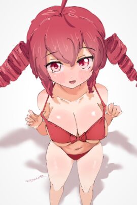 1girls 2d 2d_(artwork) ahoge belly big_breasts bikini blush breasts cleavage curvy curvy_female curvy_figure female female_only high-angle_view huge_breasts kasane_teto large_breasts looking_up navel pewsnail red_eyes red_hair shiny_skin skindentation solo solo_female swimsuit thick_thighs thighs twin_drills utau white_background wide_hips