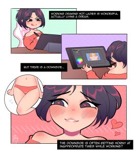 2020s 2024 2d 2d_(artwork) 2d_artwork arousal artist_logo artist_self-insert bare_shoulders belly_button biting_lip blonde_hair blue_eyes blush blush_lines comic daydream digital_drawing_(artwork) drawing_tablet english_text female gamer_chair heart heart-shaped_pupils hearts_around_head horny horny_female kana_fujisawa pink_nipples pussy pussy_juice sweater tagme text text_box wet_panties wet_pussy yumy_(yumyverse) yumykon