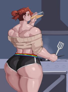 1boy ambush_(trap) ass ass_focus axred7 back_muscles big_ass booty_shorts bottle brown_hair bun clothing cooking crop_top dolphin_shorts drinking femboy fit fit_male frying_pan green_eyes green_nails male male_only muscles muscular muscular_femboy muscular_male off_shoulder shiny_skin shorts shoulders side_shave solo solo_focus solo_male spatula stove sweater trap