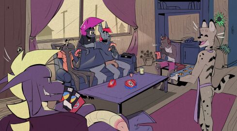 2024 3_toes 5_fingers absurd_res andrew_(dracks) antennae_(anatomy) anthro apron baking_tray balls beverage_can big_penis black_balls black_body black_fur black_nose black_penis black_skin book bottomwear brown_penis cabinet canid canine canis carpet casual_nudity chair closed_eyes clothing clothing_on_ground collar confusion container cookie cup curtains devious_grin door doorknob dracks dracks_(dracks) dragon dress_shirt eel fangs feet felid feline fingers fish flaccid floor food foreskin front_view fur furgonomic_topwear furgonomics furniture genitals glans gradient_penis grey_tail grin group half-erect hand_behind_head happy hi_res hmm holding_card holding_object huge_cock inside jacket jewelry lexie_(dracks) light_switch long_penis lynx male male/male mammal marine markings matching_accessories multicolored_body multicolored_penis multicolored_skin mythological_creature mythological_scalie mythology necklace on_sofa orange_clothing orange_jacket orange_topwear orange_underwear pants_on_floor penis penis_through_leghole pink_bottomwear pink_clothing pink_glans pink_mohawk pink_shorts plant plant_pot plantigrade playing poking_out porcupine potted_plant purple_body purple_skin question_mark rodent scalie sharp_teeth shirt short_tail shorts side_view sitting sitting_on_sofa smile sofa spots spotted_body spotted_fur standing striped_body striped_fur stripes table tail tan_penis tan_tail tank_top teeth thick_penis toes tom_(dracks) tongue topwear two-tone_body two-tone_penis two-tone_skin tyber_(dracks) uncircumcised underwear uno uno_card unretracted_foreskin wall_(structure) white_clothing white_shirt white_topwear wolf wood wood_floor wood_wall zek_(dracks)