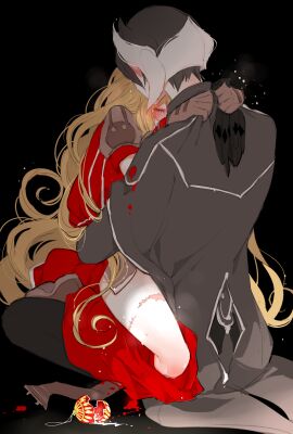 2girls blonde_hair blush closed_eyes clothing embrace female female_only implied_sex light-skinned_female light_skin long_hair lyza_(made_in_abyss) made_in_abyss mamaloni no_visible_genitalia ozen pale-skinned_female pale_skin pants_down scar scars short_hair sitting two-tone_hair very_long_hair wavy_hair yuri