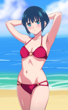 1girls arm_behind_head bare_legs bare_shoulders beach blue_eyes blue_hair botan_nagatsuki breasts cleavage collarbone female looking_at_viewer medium_breasts mononogatari red_bikini short_hair standing string_bikini