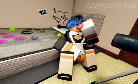 1boy 1femboy 3d bed bedroom blue_hair blush blushing camera censor_bar censored_eyes chastity chastity_cage chastity_cage_only chastity_device compulsivesb condom condom_balloon condom_filled condom_filling condom_full condoms_on_bed cuff cuffs cum_stain degradation_text dildo femboy handcuffs licking licking_condom licking_cum maid maid_outfit maid_uniform male markings roblox roblox_avatar roblox_background roblox_studio robloxian sissy stain tagme tally_marks tripod