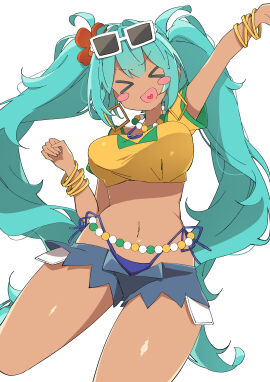 1girls >< arm_up ass beads big_ass big_breasts big_thighs blush brazil brazilian brazilian_female brazilian_miku breasts crop_top cyan_eyes cyan_hair female female_only happy hatsune_miku heart_tongue latin_american_hatsune_miku_(meme) long_hair midriff shorts solo solo_female tagme tan tan_body thick_hips thick_thighs thighs twintails uruti_2388 vocaloid waist_beads