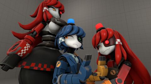 1boy 2girls 3d 3d_model :3 blue_hair breast_on_head breasts dell_spencer female goodenough10 grabbing grabbing_from_behind grabbing_shoulder humanoid imminent_rape male mimi_sentry mimi_sentry_(zzwz) red_hair robot robot_boy robot_girl smug smug_grin source_filmmaker taller_female trapped