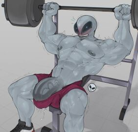 2025 abs absurd_res alien alien_humanoid areola bara barbell barely_contained biceps big_bulge big_eyes big_muscles big_penis blush bodily_fluids bottomwear bulge classic_alien clothed clothing deuzion dripping emoji erection erection_under_clothing exercise footwear genital_fluids genitals grey_background grey_body grey_skin hi_res huge_bulge huge_cock huge_muscles humanoid humanoid_genitalia humanoid_penis ineffective_clothing living_emoji lying male male_only masculine_male motion_lines muscles muscular muscular_humanoid muscular_male navel nipples not_furry obliques on_back open_mouth pecs penis penis_base precum precum_drip precum_through_clothing serratus shadow shaking shoes shorts simple_background solo teeth thick_arms thick_penis thick_thighs topless topless_humanoid topless_male vein weight_bench weightlifting wet wet_clothing workout yaoi
