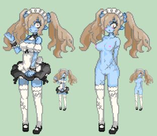 blush breasts completely_nude disgaea disgaea_5 female green_background keykey117117 maid maid_(disgaea) maid_headdress maid_uniform nippon_ichi_software nude nude_female pixel_art pussy zombie zombie_girl zoom_layer