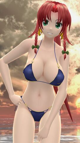 1girls 2024 3d below_view bent_forward bikini clouds dark_blue_bikini earrings embodiment_of_scarlet_devil female green_bowtie green_eyes hati_yukkuri_mmd hong_meiling light-skinned_female light_skin looking_at_viewer mmd red-haired_female sea sky smiling_at_viewer solo_female solo_focus sunset swimsuit touhou yellow_bowtie youkai