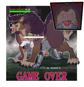 ahe_gao anal anal_sex anthro anus armor ass balls big_balls big_dom_small_sub bodily_fluids breed brown_body brown_fur canid canine claws clothing cristyfur doggy_style dominant dripping duo fangs from_behind_position fur game_over gameplay_mechanics gauntlets gay gay_male genital_fluids genitals gloves grey_body grey_fur gui hair handwear health_bar hi_res hyena letsdrawcats level_difference looking_pleasured male male/male male_only mammal mythological_canine mythological_creature mythology penetration penile penile_penetration penis penis_in_ass precum precum_drip semi-anthro sex size_difference smaller_penetrated stomach_bulge teeth text tongue tongue_out were werecanid werecanine werewolf white_hair yaoi