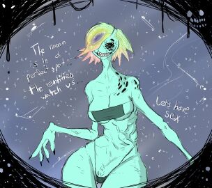 1girls 2d 2d_(artwork) 2d_artwork barely_clothed blue_skin breasts female female_focus female_only humanoid looking_at_viewer multicolored_hair nightmare_waifu sharp_nails sharp_teeth skinny skinny_female small_breasts small_tits solo solo_female solo_focus space string_bikini talking talking_to_viewer text thick thick_thighs thighs what yobaba