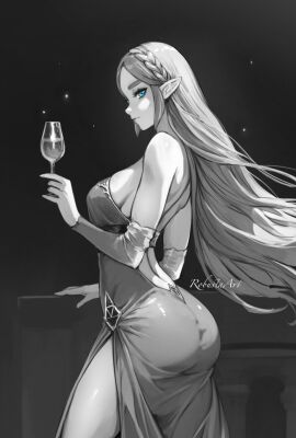 1girls ass ass_focus big_ass blonde_hair breasts breath_of_the_wild female female_only nintendo princess_zelda robustaart round_ass sideboob skindentation the_legend_of_zelda thick_thighs tight_clothing tight_dress tight_fit zelda_(breath_of_the_wild)