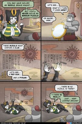 1boy 1girls african_mythology armor big_breasts breasts cat_ears cat_girl cat_tail catgirl cleavage cleavage_cutout comedy comic cute doctorloops egyptian egyptian_clothes egyptian_female egyptian_headdress english_text european_mythology female giantess greek_mythology hi_res hieroglyphics highres huge_breasts knight large_breasts light male middle_eastern_mythology monster_girl mythological_creature mythology public_domain sphinx thick_thighs thighs veronica_(doctorloops) veronica_and_mona