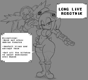 1boy 1girls accurate_art_style anthro boots corrupted corruption cosplay dr._eggman female furry futanari gloves goggles goggles_on_head headband headwear intersex looking_at_viewer male monochrome oc penis robotnik sonic_(series) sonic_the_hedgehog_(series) swimsuit text text_bubble urielmanx7 zeta_the_echidna