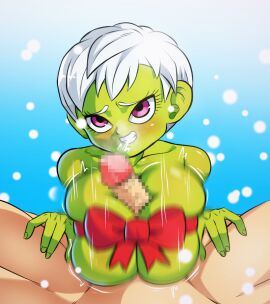 bigduck breasts broly cheelai compressed_breasts curvy curvy_figure dragon_ball dragon_ball_super female green_body green_skin short_hair squeezing_breast tagme titjob white_hair