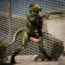 2025 3d 4_toes 5_claws 5_fingers aiming_gun aiming_weapon anthro arm_pouch armband armwear aroused ass assault_rifle athletic athletic_anthro athletic_male backsack balls ballsack bandage bandaged_leg belt belt_pouch bent_legs big_ass big_butt big_penis biped black_armband black_armwear black_clothing black_gloves black_handwear black_topwear blender_(artwork) bodily_fluids bottomless bottomless_anthro bottomless_male chain-link_fence claws clothed clothing cum cum_drip cum_on_hand cum_strand digital_media_(artwork) dragon dripping ejaculation empty_eyes epic_games erection feet fence finger_claws fingerless_gloves fingers fortnite genital_fluids genitals glans gloves glowing glowing_eyes green_body green_scales grin gun hand_on_own_penis hand_on_penis handwear hi_res holding_gun holding_object holding_ranged_weapon holding_weapon humanoid_genitalia humanoid_penis hybrid_(fortnite) hybrid_genitalia hybrid_penis junatah knot knotted_humanoid_penis knotted_penis leaning leaning_forward leather leather_strap leg_pouch legband legwear lizard looking_pleasured male markings mostly_nude mostly_nude_anthro mostly_nude_male muscular muscular_anthro muscular_male mythological_creature mythological_scalie mythology narrowed_eyes naughty_face orange_eyes orgasm outside penis pink_glans pink_penis plant ranged_weapon reptile rifle scales scalie shadow sharp_teeth shoulder_guards shrub shuriken side_view smile solo spiked_tail spikes spikes_(anatomy) spots spotted_body spotted_scales spread_legs spreading standing straps surface tail tapering_glans teeth thick_thighs thigh_pouch toe_claws toes topwear torn_clothing torn_topwear watermark weapon wide_stance wingless_dragon