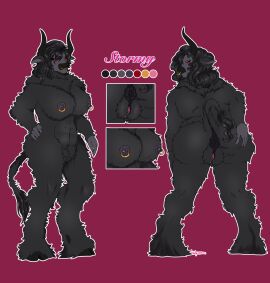 anthro anus ass big_breasts black_anus black_body black_fur black_hair bovid bovine breasts digitigrade facial_piercing female fluffy fur hair hairy_pussy hand_on_ass hand_on_butt hi_res hooves horn looking_at_viewer mammal muscular muscular_anthro muscular_female nipple_piercing nipples nose_piercing nose_ring piercing puffy_anus pussy raised_tail red_background red_sclera ring_piercing simple_background solo solo_focus spread_ass spread_butt spreading tail vulpixxeon