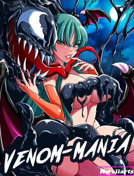 breasts capcom clothed crossover darkstalkers demon demon_wings eastern_and_western_character eddie_brock female green_hair kwaiiarts large_breasts long_tongue marvel marvel_comics marvel_vs._capcom morrigan_aensland nude spider-man_(series) succubus symbiote venom_(marvel)