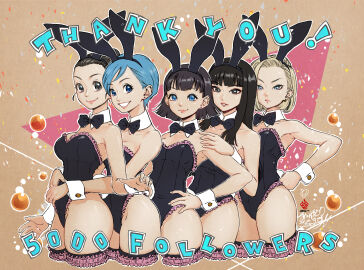2d 5girls absurdres alternate_costume android_18 animal_ears arms_around_waist bare_arms bare_legs bare_shoulders black_bow black_bowtie black_eyes black_hair black_leotard blonde_hair blue_eyes blue_hair blunt_bangs bow bowtie breasts bulma_(bunny) bulma_briefs chichi cleavage clenched_hand closed_mouth color cropped_legs detached_collar dragon_ball dragon_ball_(classic) dragon_ball_super dragon_ball_z earrings english_text fake_animal_ears female female_only frilled_leotard frills frown full_color grin hair_bun hair_slicked_back hand_on_own_hip highres hug hug_from_behind jewelry kanchiyo large_breasts leotard lips long_hair looking_at_viewer mai_(dragon_ball) medium_breasts milestone_celebration multiple_females multiple_girls naughty_face neck parted_lips playboy_bunny rabbit_ears rabbit_tail serious short_hair smile standing straight_hair strapless strapless_leotard stud_earrings thank_you videl
