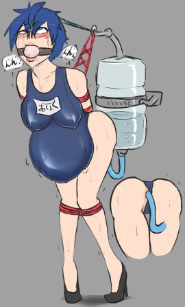 1girls aik_(xxxx52) anal_enema anal_insertion ass ball_gag belly_expansion belly_inflation big_ass big_belly big_breasts bloated_belly bondage breasts clothing crying crying_with_eyes_open enema eyes_rolling_back female from_behind heels high_heels hose hose_in_butt hose_inflation inflation inflation_fetish japanese_swimsuit japanese_text knees_together_feet_apart nipples_visible_through_clothing original_character restrained saliva solo solo_female swimsuit swimwear tied_up water water_inflation wide_hips xxxx52