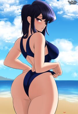 1girls artist_request ass beach big_ass breasts female komi-san_wa_komyushou_desu komi_shouko outdoors purple_hair solo swimsuit tagme