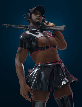 1boy 3d 3d_model activision call_of_duty call_of_duty_modern_warfare_2_(2022) fetish_gear gaz_(call_of_duty) gun infinity_ward kyle_garrick male male_focus male_only melanin obbi_mation skirt solo solo_focus solo_male tattooed_male viewed_from_below yaoi