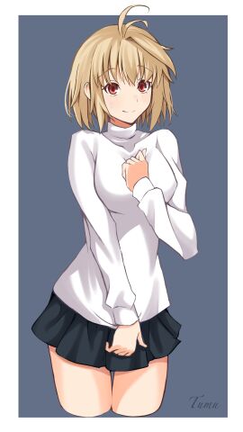 ahoge antenna_hair arcueid_brunestud bare_legs blonde_hair breasts closed_mouth commentary cropped_legs female hair_intakes highres long_bangs long_sleeves looking_at_viewer medium_breasts red_eyes short_hair skirt smile solo sweater tsukihime tsukihime_(remake) ttumupen turtleneck turtleneck_sweater white_sweater