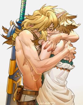 1boy bare_shoulders belt belt_pouch biting blonde_hair blush braid closed_eyes covered_face crown_braid dress earrings eyelashes female fingernails from_side hand_on_another's_back hand_on_another's_shoulder hug jewelry link long_hair male master_sword nintendo niteo07 pointy_ears pouch princess_zelda profile romantic sheath sheathed simple_background straight strapless strapless_dress sword tears_of_the_kingdom the_legend_of_zelda the_legend_of_zelda:_breath_of_the_wild toned topless_male twitter_username upper_body weapon weapon_on_back white_background white_dress wholesome zelda_(tears_of_the_kingdom)