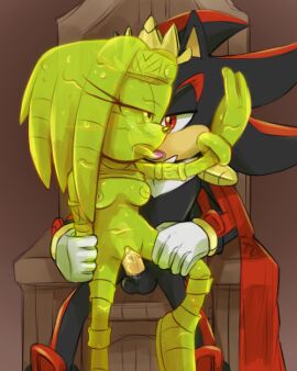 4:5 anthro black_body chair chest_tuft crown cylent_nite duo echidna eulipotyphlan female fur furniture goo_creature green_body headgear hedgehog king_shadow kissing male male/female mammal monotreme red_eyes sega sex shadow_the_hedgehog sitting sonic_(series) sonic_adventure sonic_the_hedgehog_(series) striped_body striped_fur stripes throne tiara tikal_the_echidna tikhaos tuft