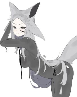1girls animal_ears bikini black_bodysuit blush breasts closed_mouth dya_rikku_(vtuber) face_markings facial_mark female forehead fox_ears fox_tail from_side grey_eyes grey_hair long_hair looking_at_viewer panties skin_tight smile solo striped striped_background swimsuit tail vertical_stripes very_long_hair virtual_youtuber vyugen white_background white_hair