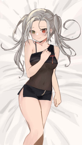 1girls bedsheets breasts female female_only fishnet_clothing grey_hair hand_on_breast heterochromia kensou!! liliana_vampaia looking_at_viewer newbie_(artist) red_eyes solo solo_female thighs virtual_youtuber vogi_(vtuber_company) yellow_eyes