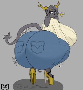 1girls alternate_version_available anger_vein angry angry_face ass ass_bigger_than_head ass_focus behind_view big_ass big_breasts big_butt blue_eyes breasts breasts_bigger_than_head bubble_ass bubble_butt clothing curvaceous curvy curvy_figure female female_only fully_clothed ghostfuckrr heels high_heels horns huge_ass huge_breasts jeans mom_jeans pseudoregalia solo solo_female squatting sweater sybil_(pseudoregalia) tail thick_thighs voluptuous voluptuous_female