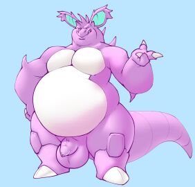 1_toe 3_fingers anthro balls belly big_belly chibsarts double_chin fingers foreskin generation_1_pokemon genitals hi_res male nidochi nidoking nintendo nude obese overweight penis pokemon pokemon_(species) purple_body short_legs snaggle_tooth solo standing uncircumcised white_body