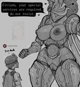 ace_(claweddrip) armor astarion baldur's_gate_3 big_breasts breasts claweddrip dominant_female female female_domination femdom greyscale imminent_death_by_snu_snu imminent_sex imminent_snu_snu knight larger_female male male/female meme pussy pussy_juice pussy_juice_drip robot_on_human smaller_male steel_watcher submissive_male