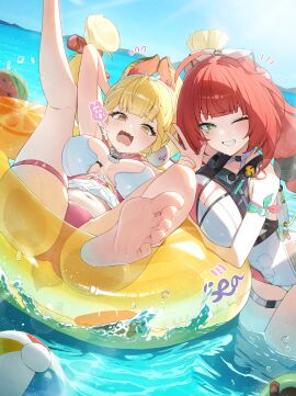 2girls absurdres alice_thymefield alice_thymefield_(sea_of_thyme) animal_ears bare_shoulders barefoot blonde_hair blush braid breasts cleavage eyewear_on_head feet green_eyes grin hair_ornament heart heart-shaped_eyewear heterochromia highres innertube large_breasts long_hair looking_at_viewer multiple_girls official_alternate_costume one-piece_swimsuit one_eye_closed rabbit_ears rabbit_girl red_eyes red_hair smile sphere_hair_ornament swim_ring swimsuit thigh_strap thighs twintails two-tone_one-piece_swimsuit ukinami_yuzuha ukinami_yuzuha_(tanuki_in_broad_daylight) unnunal_(unneonal) very_long_hair yellow_eyes zenless_zone_zero