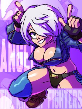 1girls absurd_res angel_(kof) athletic athletic_female bonk150 female fingerless_gloves hair_over_one_eye hi_res king_of_fighters leather_clothing leather_jacket legs legwear light-skinned_female light_skin name_in_background one_leg_up short_hair smiling_at_viewer thick_thighs thighs thong toned toned_female voluptuous voluptuous_female white_hair wide_hips