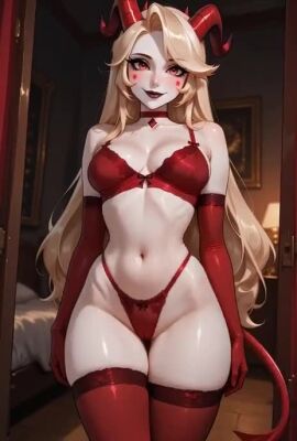 ai_generated animated bedroom big_breasts blonde_hair charlie_morningstar_(hazbin_hotel) demon_girl fangs hazbin_hotel horns lingerie looking_back looking_down msashleighrowan presenting_ass swaying tagme tail thighs video vivienne_medrano wide_hips yellow_eyes