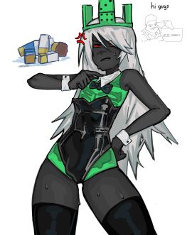 1x1x1x1 1x1x1x1_(forsaken) aejia69 anger_vein angry_expression artist_name betrayed_1x1x1x1 black_skin bowtie bulge bunnysuit cuffs_(clothing) detached_collar detached_cuffs domino_crown femboy forsaken_(roblox) green_body hello_neighbor long_hair male meme_in_the_background roblox roblox_game robloxian see-through_body self_upload shedletsky solo_focus sweat sweating tagme thighhighs visible_skeleton white_hair