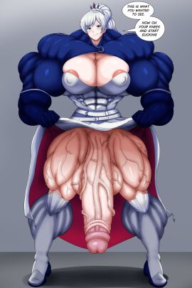 1futa alternate_muscle_size blue_eyes flaccid futa_only futanari hazel_iic hyper_muscles hyper_penis intersex muscles muscular muscular_futa penis rwby weiss_schnee white_hair