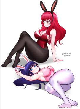 2girls alternate_costume ass bangs blue_eyes blue_hair breasts bubble_ass bunny_ears bunny_girl cleavage female female_only fire_emblem fire_emblem:_the_sacred_stones fire_emblem_engage jaxartdump large_breasts leotard long_hair multiple_females multiple_girls nintendo on_back orange_eyes pantyhose ponytail red_hair sitting tana_(fire_emblem) yunaka_(fire_emblem)