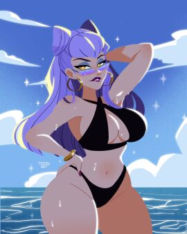 1girls big_breasts bikini biting_lip blue_sky bracelet breasts cleavage earrings evelynn eyeshadow female hand_behind_head hand_on_hip hoop_earrings k/da_all_out_evelynn k/da_all_out_series league_of_legends lipstick long_hair looking_at_viewer looking_over_eyewear looking_over_sunglasses navel ocean pose posing purple_hair riot_games seductive_look solo sunglasses sweat teddy_art thick_thighs tinted_eyewear two-tone_hair yellow_eyes