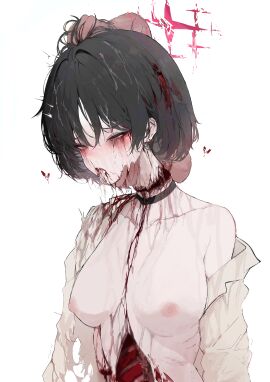 1boy 1girls absurdres after_fellatio after_oral after_orgasm after_rape after_sex black_choker black_hair blud_spine blue_archive breasts broken_halo censored choker corpse cum cum_in_mouth cum_string dead death disembodied_hand disembodied_hands disembowelment eroguro female gore guro halo heart highres makeup_running male medium_breasts misaki_(blue_archive) misaki_(swimsuit)_(blue_archive) mosaic_censoring necrophilia open_mouth purple_halo revision short_hair simple_background topless white_background