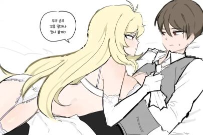 1boy 1girls blonde_female blonde_hair brown_hair cassetti_(limbus_company) dulcinea_(limbus_company) erection erection_under_clothes female garter_belt gloves limbus_company lingerie lingerie_only long_hair male pressed_against project_moon submissive_male tadallu undressing white_gloves white_lingerie 딸달루